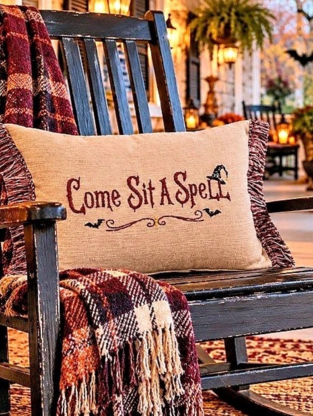 Hand Embroidered Halloween Come Sit A Spell Accent Pillow